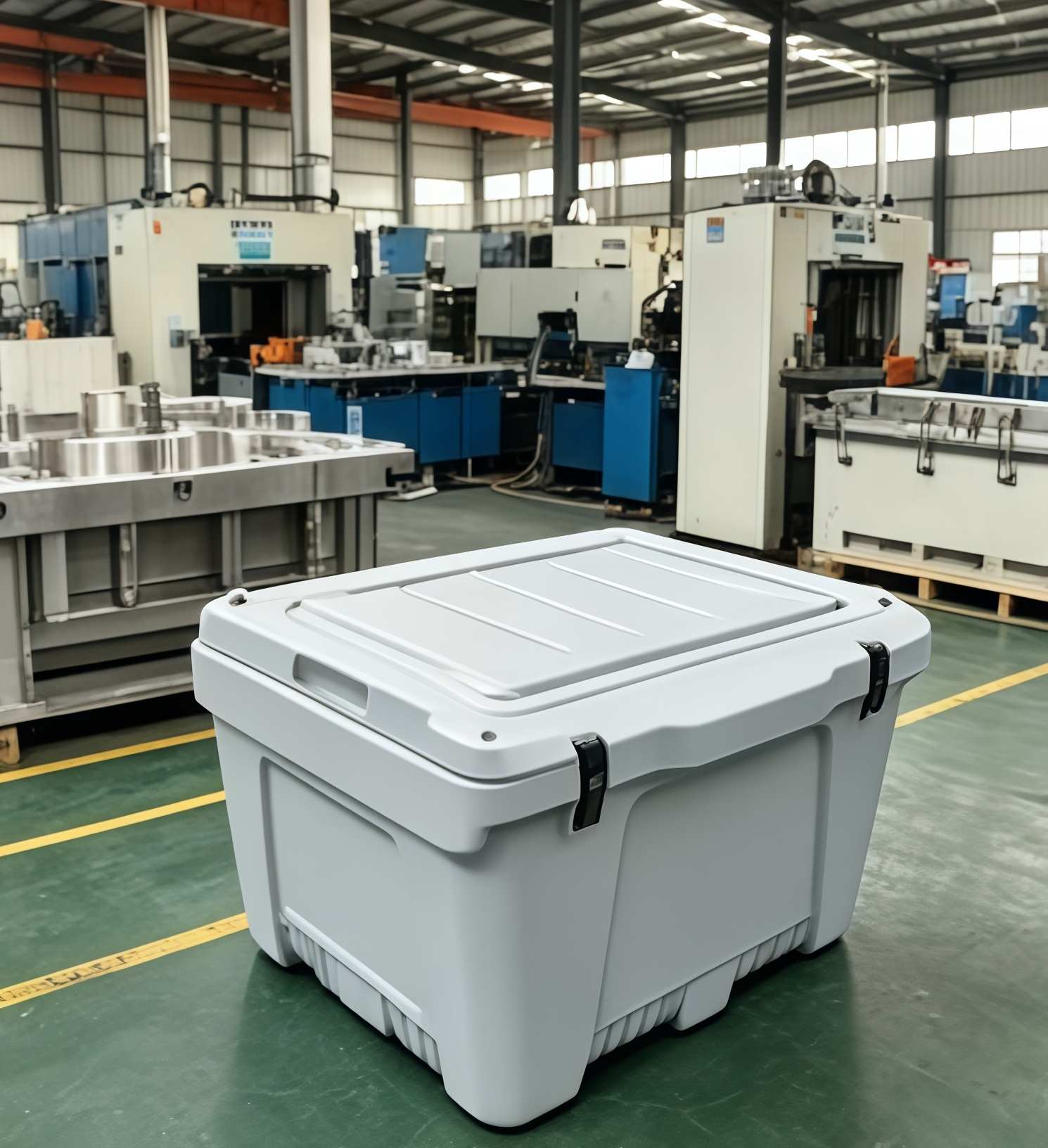 Dry Ice Cooler Bin Warehouse Application Rotomolded dry ice cooler boxes stacked in factory warehouse
