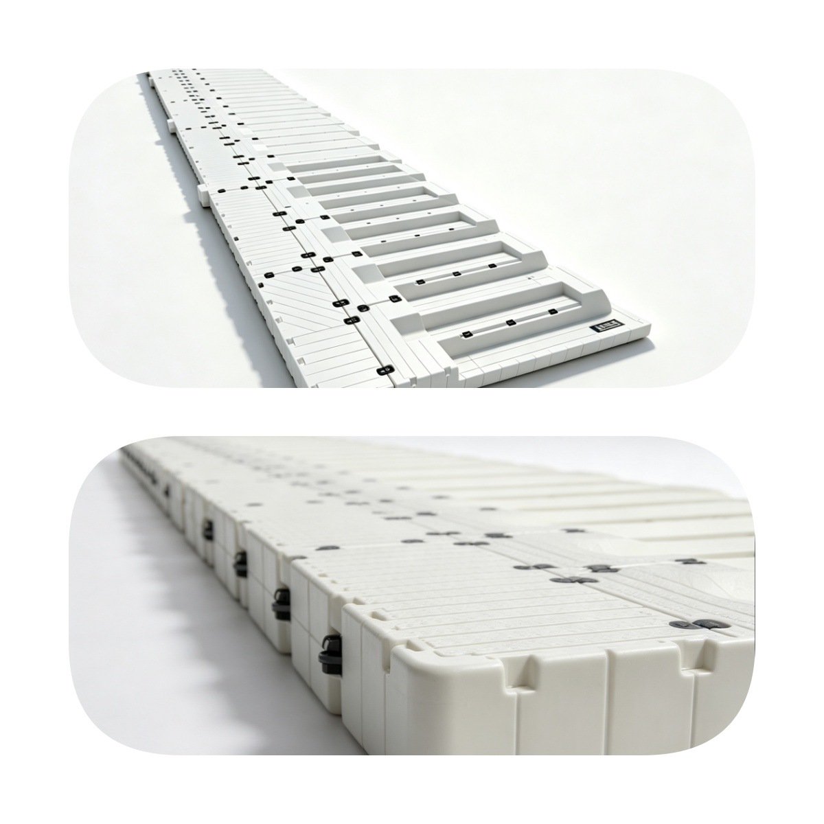 Rotomolded HDPE floating pontoon dock, panoramic view and corner structural details