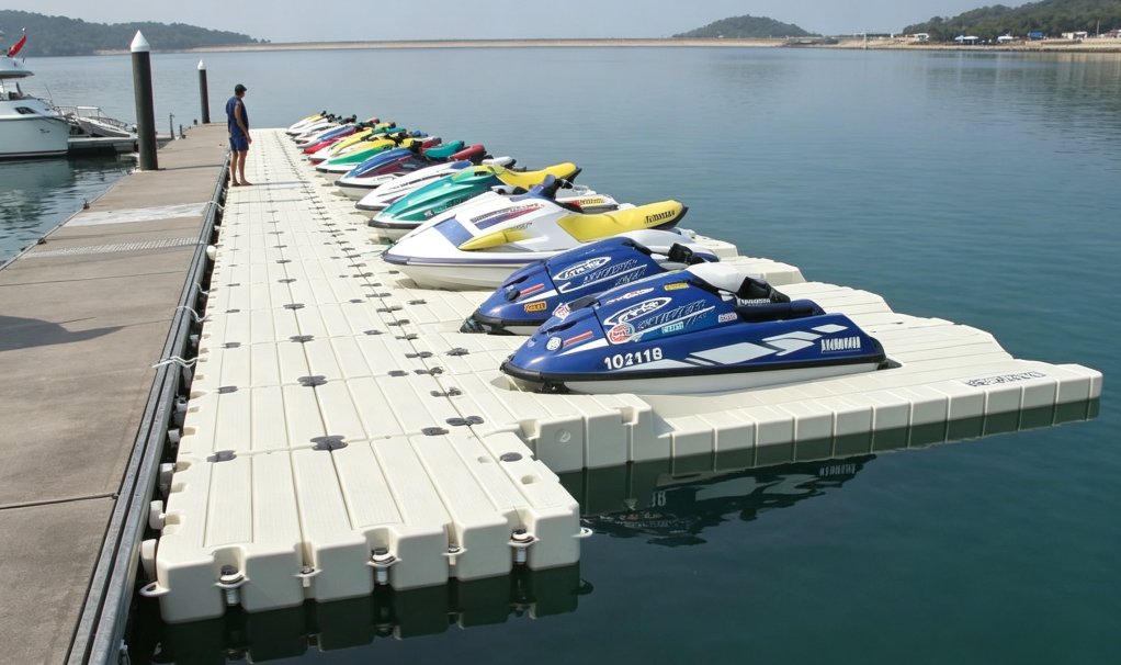 Rotomolded floating pontoon blocks, interlocking plastic floating dock parts, product structure closeup