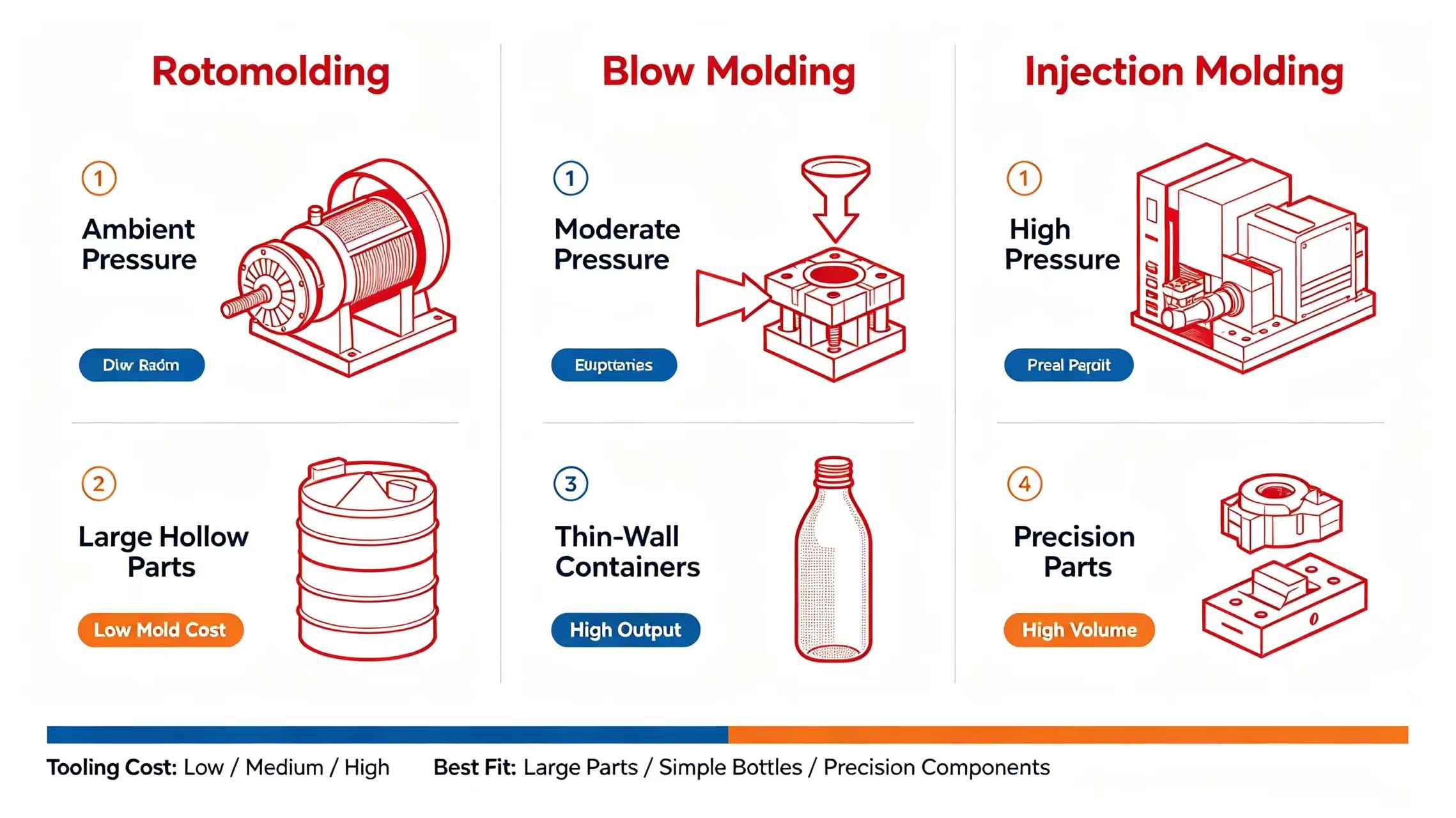 Rotomolding, blow molding and injection molding comparison chart Plastic molding methods comparison