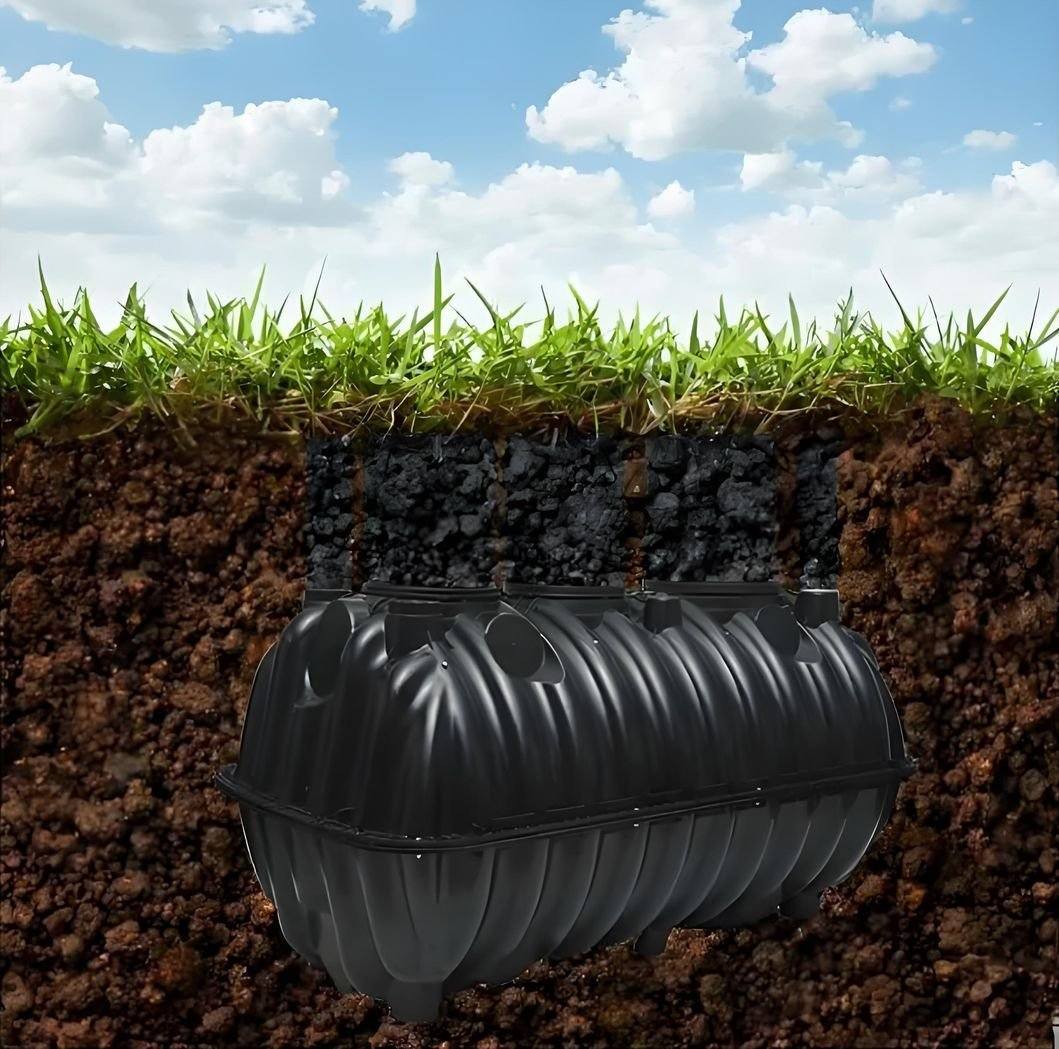 HDPE Septic Tank Field Application Rotomolded three-chamber septic tank for underground rural sewage treatment, site installation scene.
