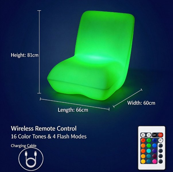 Green LED rotomolded chair with backrest, 66x60x81cm, wireless remote control, 16 colors.