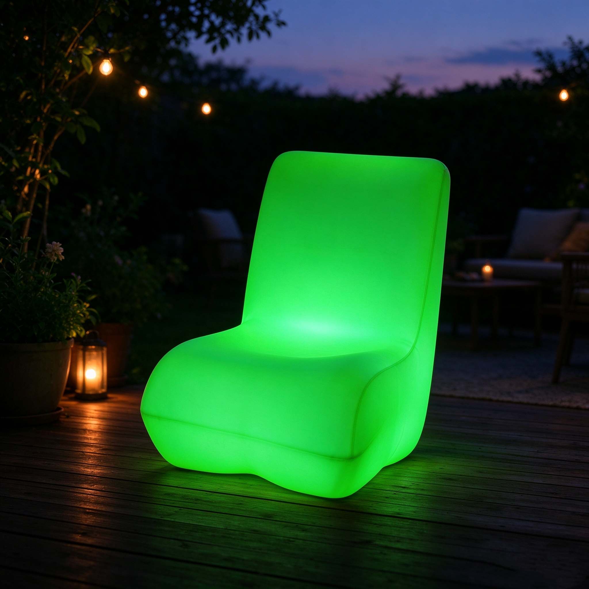 Same green LED rotomolded lounge chair shown in two settings: a warm outdoor patio with candles on the left and a night poolside with building lights on the right.