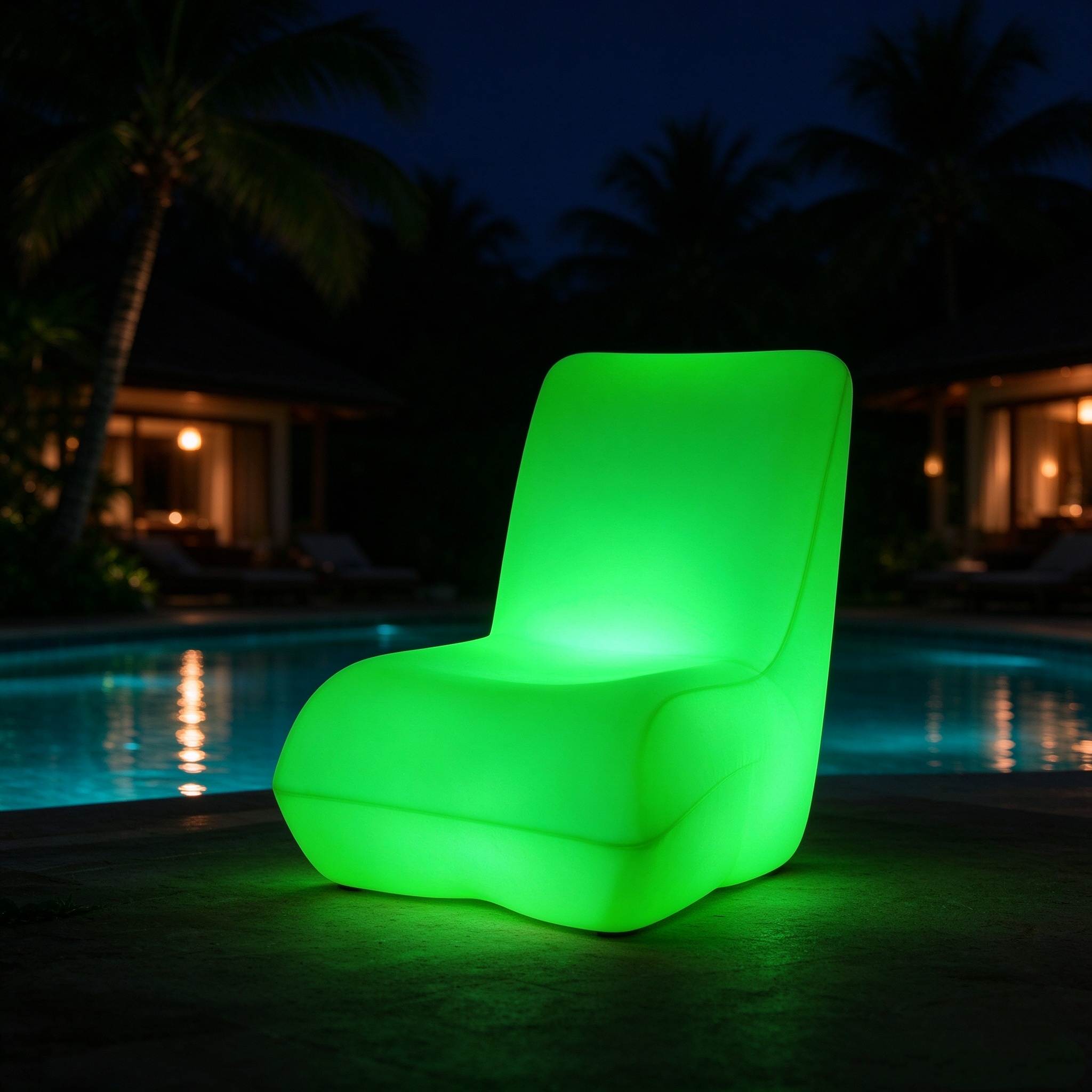 Green LED rotomolded lounge chair glowing by a night pool, with palm trees and a lit resort cabin in the background.